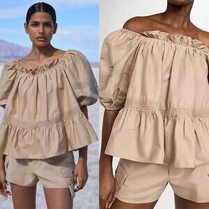 NEW Marissa Webb Aurelia Canvas Swing Off Shoulder Peplum Top Sand Shell Size XS